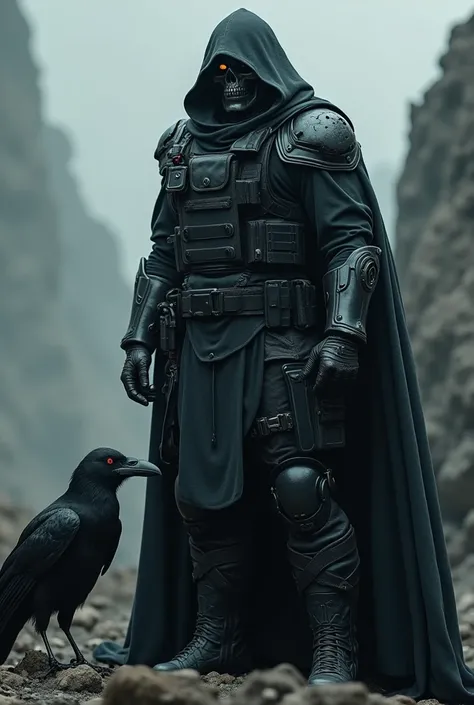 Commando with a skull hood with his eyes hidden 
With a huge raven from the underworld