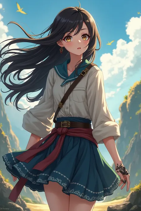 Beautiful anime adventurer girl in Shojo style,  with long hair, with hands soiled in coals and clothes, at the age of 18