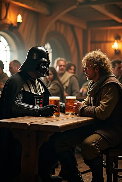 Darth vader drinking beer with frodo in a middle age tavern