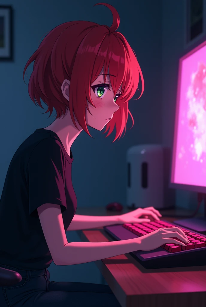 redhead,  up to her neck is a short girl with short hair, almost like a boys, but ,  thick and fluffy , slightly disheveled , with green-brown eyes , , hikka sits at the computer wearing one black shirt, in the dark, with a pink backlit keyboard , sits and...