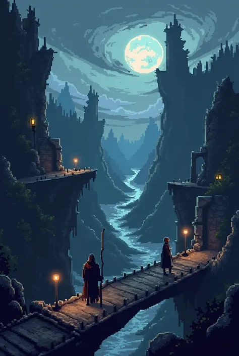 Create a view of the dark fantasy world from the viewpoint above 
sky with pixel graphics 