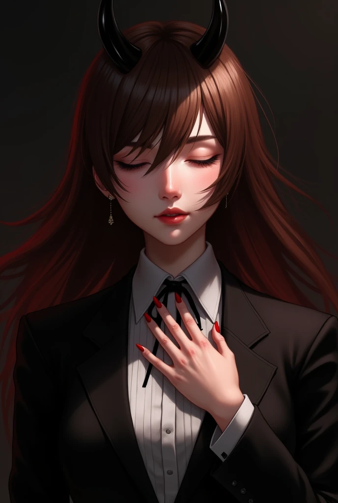 Beautiful girl with her hands on her chest, smiling from the front a little close, with brown hair and black horns on her forehead, with a medium black background with shadows on the sides black and dark red shadows and who has her eyes closed in a tuxedo ...