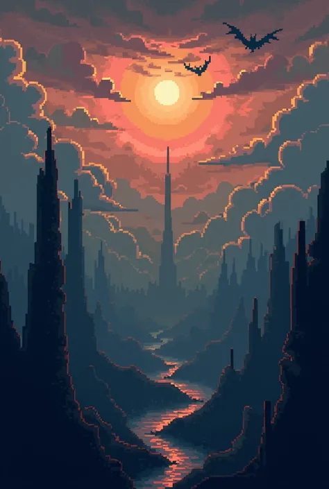 Create a view of the dark fantasy world from the point of view
sky with pixel graphics 