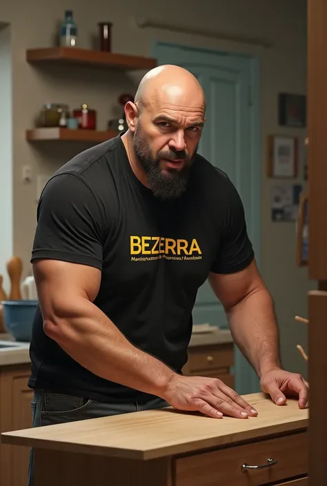  bald man, White, Strong with a thin beard assembling kitchen furniture ,  dressed in a black t-shirt written in yellow BEZERRA maintenance and repairs in general throughout RIO DE JANEIRO