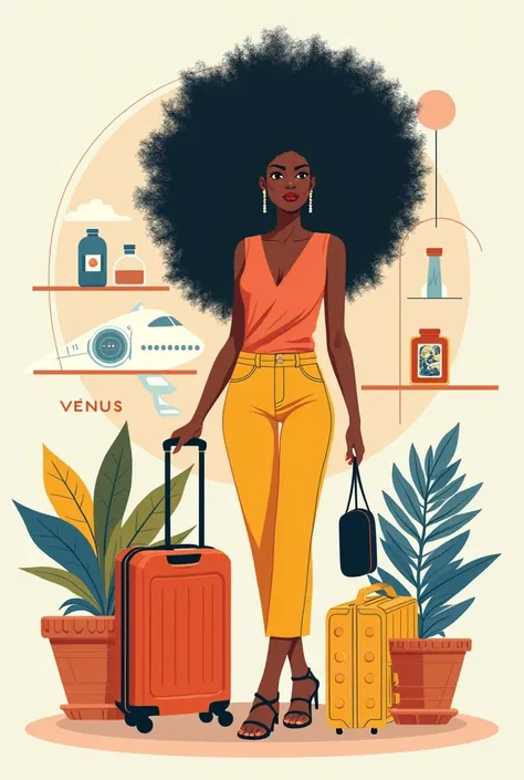 A woman with afro hair ,  art for a store called Vénus Destinos e Stiles , with a well-groomed female traveler.  Simple and elegant vector image with objects that refer to the trip and beauty salon. 
