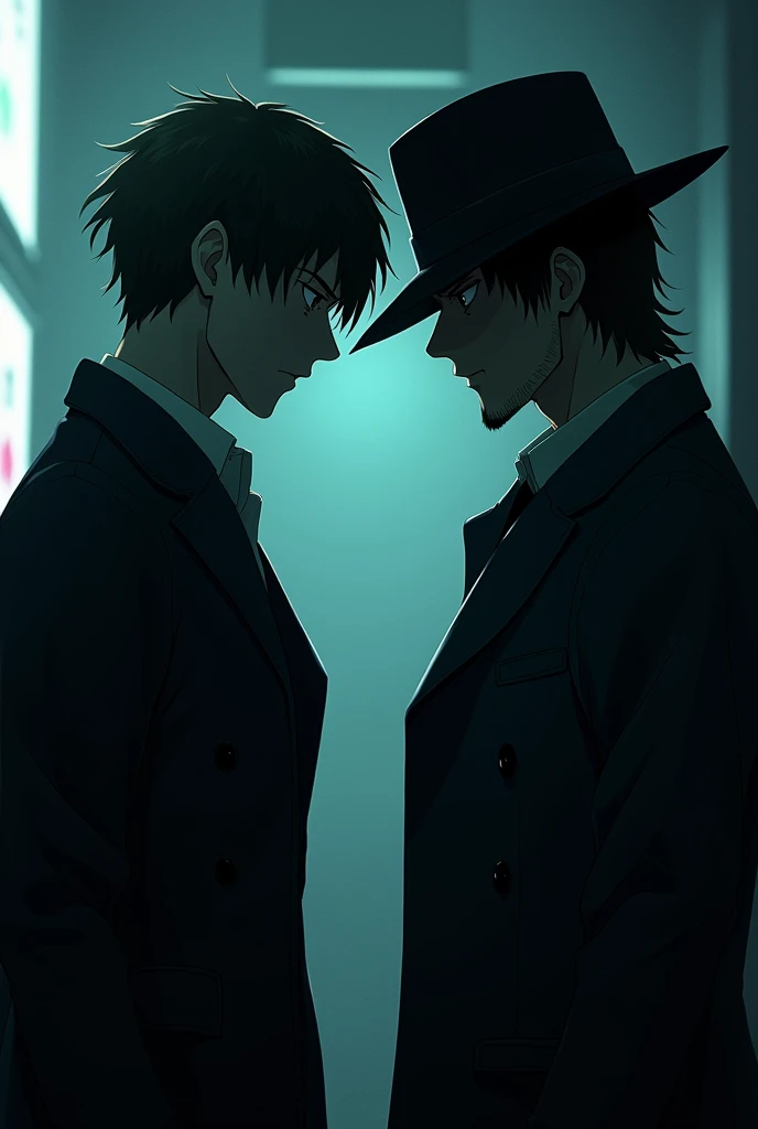 Two male characters, one similar to Kira and the other to Shadow from the animes Death Note and The Eminence in Shadow 
With the style of players and who have an aura of rivals and who dont look at each other 