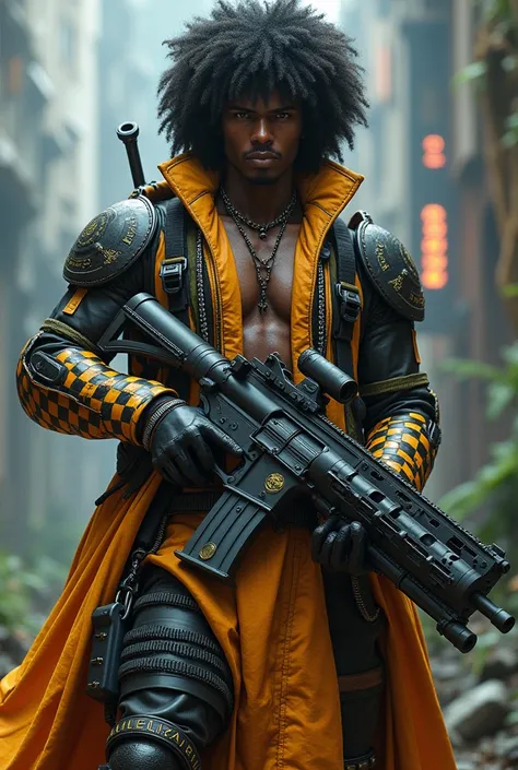 Male character with curly hair , black skin,  wearing armor and checkerboard jungle party dress wearing a cyberpunk supersonic bazooka