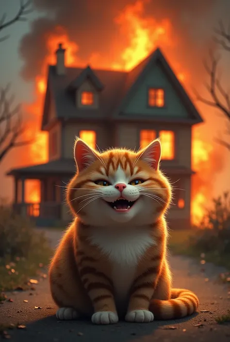 Smiling cat sitting in front of burning house 