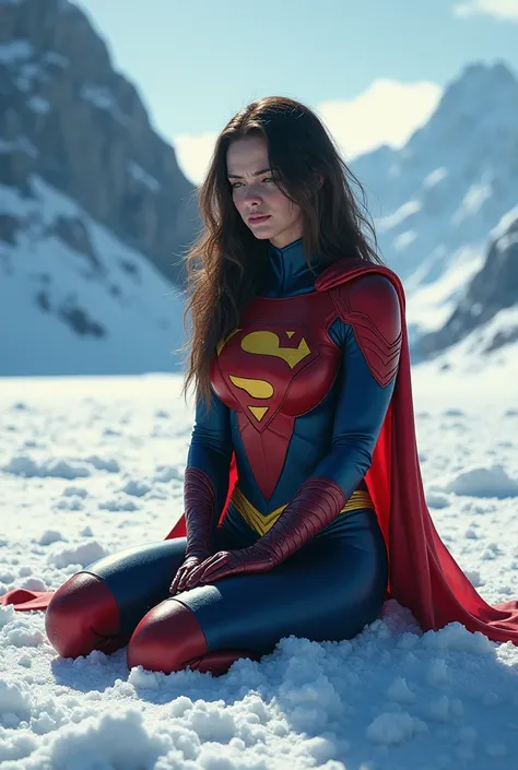 Super woman crying at snow place 