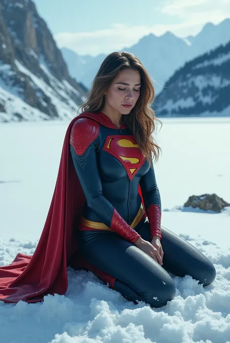 Super woman crying at snow place 