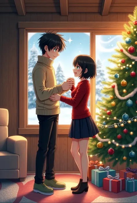 Anime couple smiling Eren Jaeger tall adult handsome short brown hair green eyes black pants beige shirt Christmas sweater beige green shoes black shoes and Mikasa Ackerman anime woman smiling beautiful sexy short black hair black eyes dress red Christmas ...