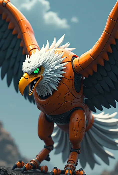 The Evil mechanic Iron Eagle has a fierce and formidable appearance, showing off large sharp teeth with an orange and white body. Emerald green eyes It has wide wings and a whale-fin tail. There are night sky at the tips of the wing feathers. It looks like...