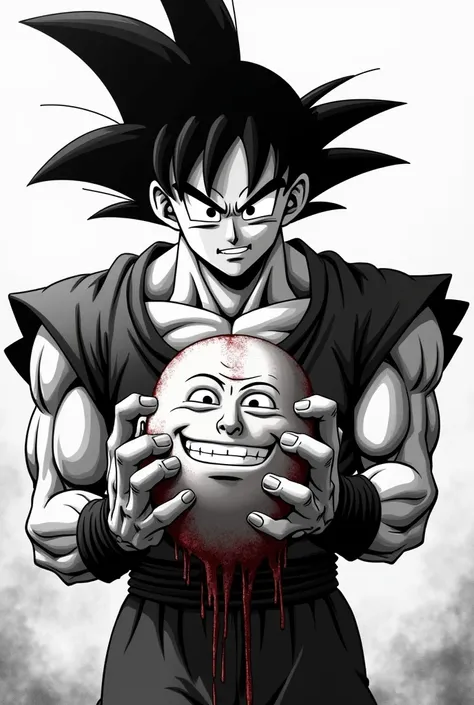  Close-up Goku image holding Vegetas decapitated head,  Black and white image,  Smiling Sarcastically by Goku , Bloody Head Vegeta 