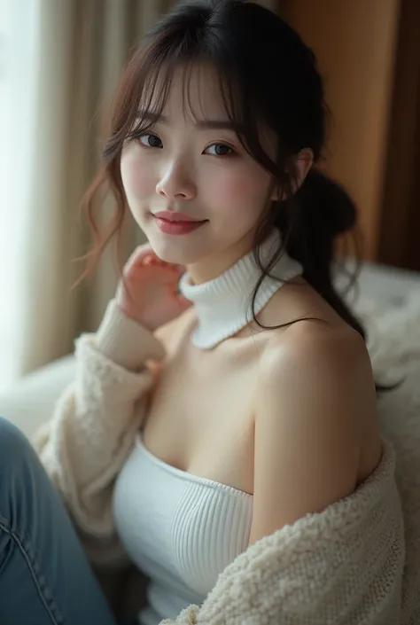  slender figure、 beautiful skin in NFSW、Show the whole body、 best quality、 ultra high resolution、 beautiful and elaborate face、 fine and beautiful skin、 skin texture、 Japanese woman with a viewing angle of、White turtleneck、Breast enlargement、jeans、 sitting...