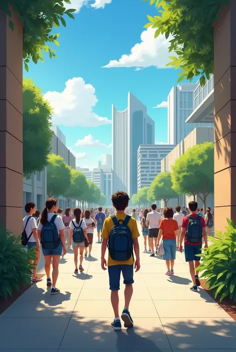 Draw a boy entering a university called Estelar full of young people 