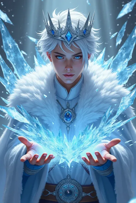 Ice chips thrown from a mans hand serve as weapons .  There are lots of pieces of ice flying glittering through the air towards the other side of the picture. The man from whose hand they come is in his early 20s and has white hair and blue eyes as well as...