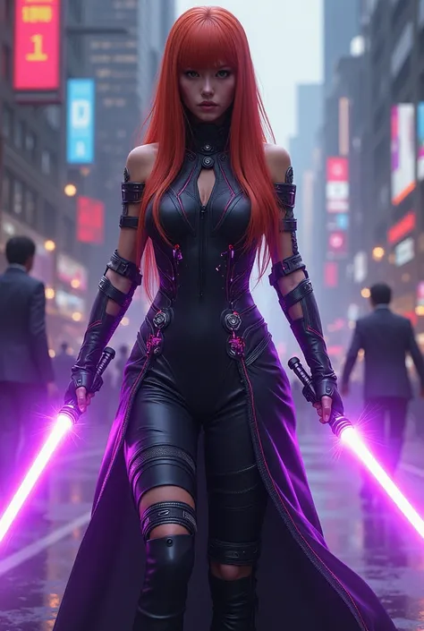  Female cyberpunk character, copper red hair,  long straight hair , long dress with pants ,  two light sabers in the hands of the color purple