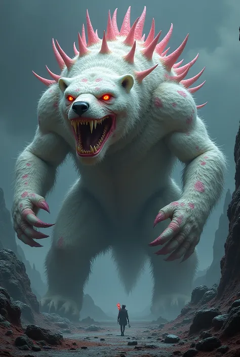 Modo sombrio digital noite A colossal and muscular hybrid creature combining a polar bear and a pitaya, designed to be monstrous and ferocious. The creature has a massive, robust body with sharp spikes and thorny protrusions inspired by pitaya leaves. Its ...