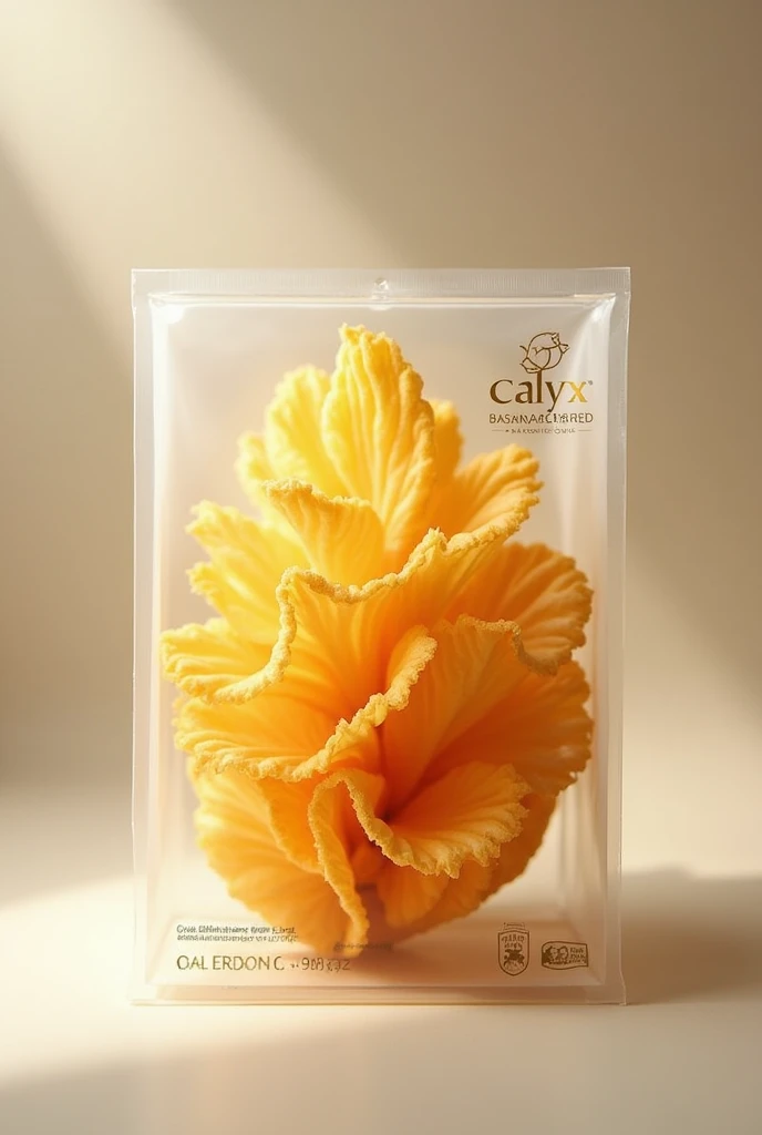 Create Image like Banana Blossom fried in package Then the brand Text is Calyx 