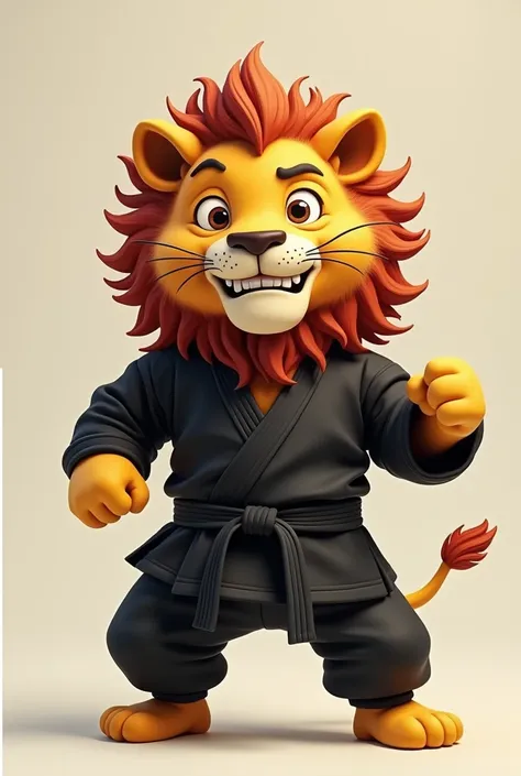 Image of animal chango Silly lion dressed in black taekwondo clothing 