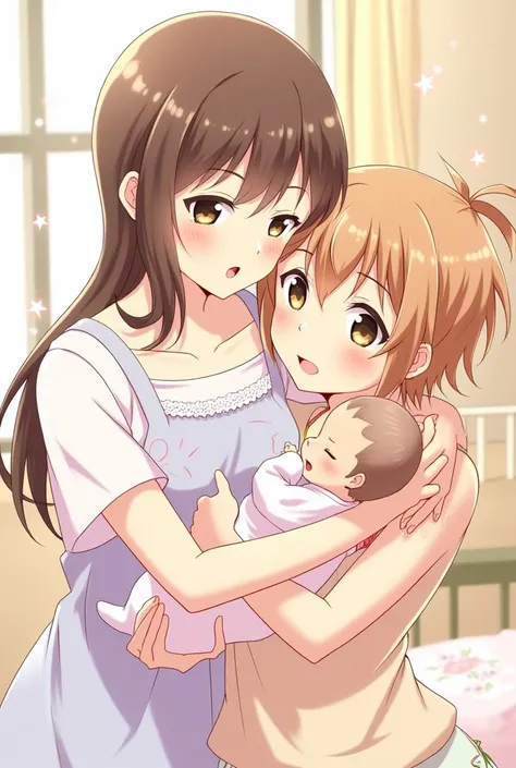 Draw an anime image of Mahiru Shinna Dengan funimiya amane hugging her baby Dari anime otomatis no tenshi