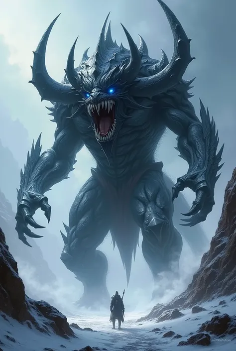 Create magic the gathering style: a large demon with a giant mouth and sharp metallic teeth with a shiny black metallic body with large sharp black metallic claws with blue eyes in an inhospitable snowy place 