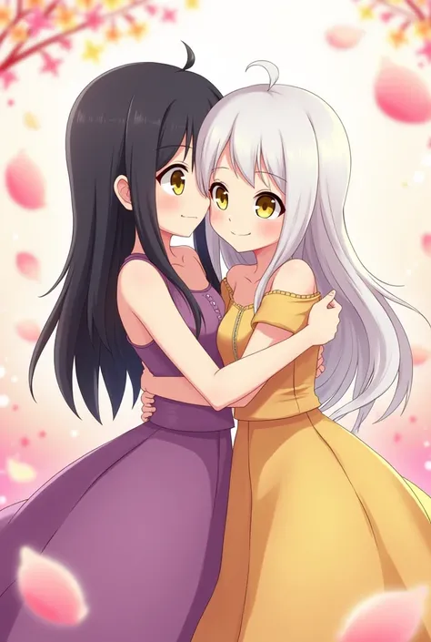 Drawing style/  animation Naruto .  It shows two young people embracing each other in a close and affectionate pose . The girl on the left, It&#39;s Hinata Hyuga,  has straight black hair with bangs and light-colored eyes that stand out ,  while the girl o...