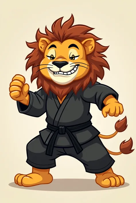 Image of animal chango Silly Lion  , clumsy, weak, riendo clumsymente, dressed in black taekwondo clothing 