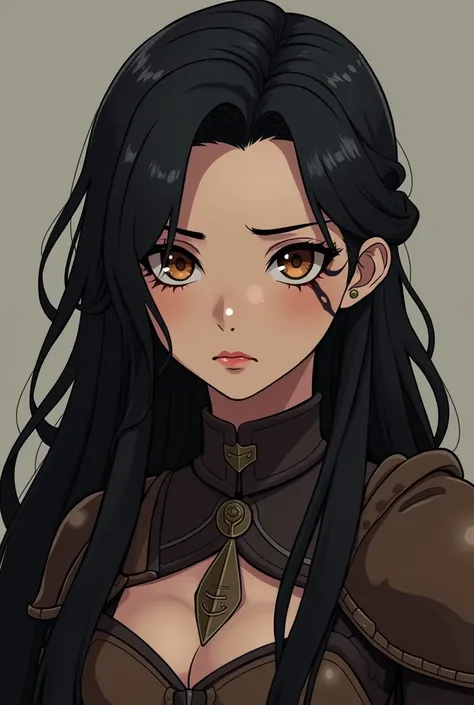 Create a 1,77m tall young woman with long black hair, reaching her waist, amber eyes, she wears leather armor and looks tired. She have a scar on the side of chest that extends to the edge of her ear lobe, passing by her neck and by the side of her mouth.
...