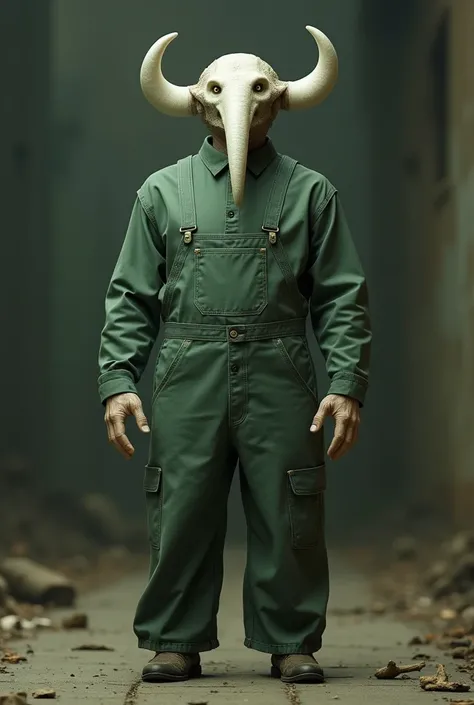 a man dressed in green overalls and with a white big one horn on his head