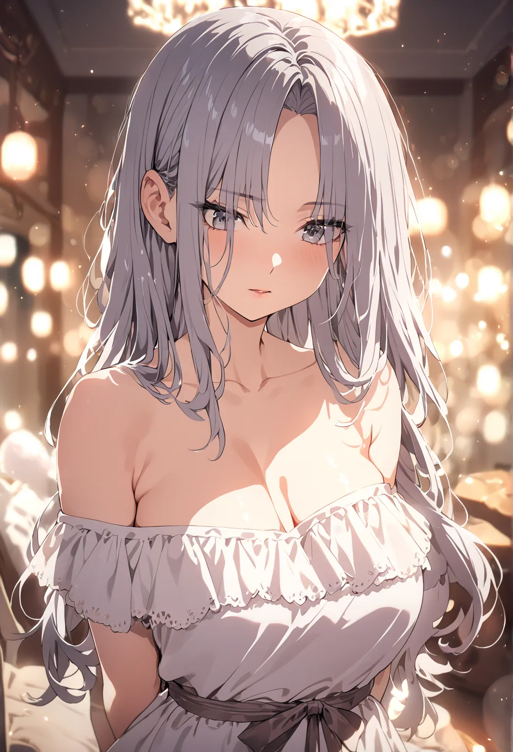 ((best quality)), ((masterpiece)), (detailed), (1 girl), housewife, big breast, silver long hair, parted bangs, ((mature woman))...