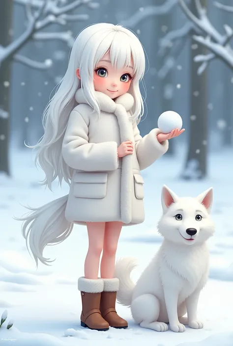 White-haired woman(young),White of the eye,((Small Chest )), White Plush Coat(Brown boots), Watching the Snow ,enjoy,(Close eyes),Snow, White Wolf,Snowball(On hand),( Face Light Red ),white theme,[ High-Skinny ],{HD}, background blur,(cartoon風),cartoon,[[E...