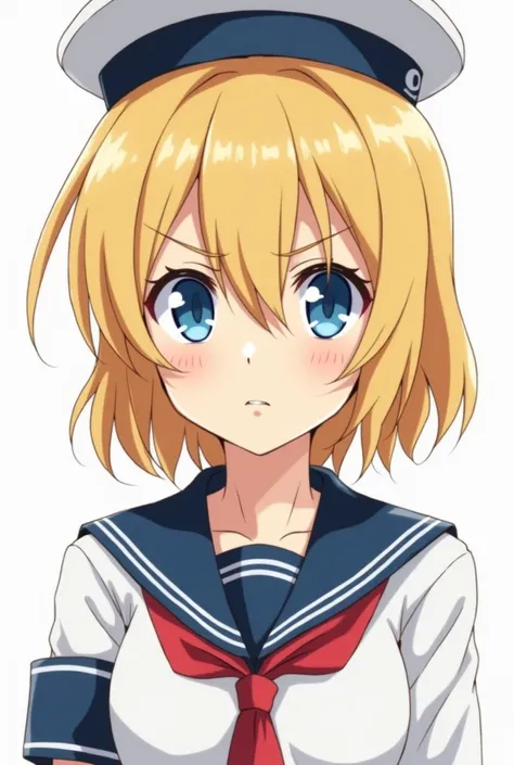 I want an image of a serious blond haired, blue-eyed 20-year-old anime-style sailor with a 28-year-old male hat


