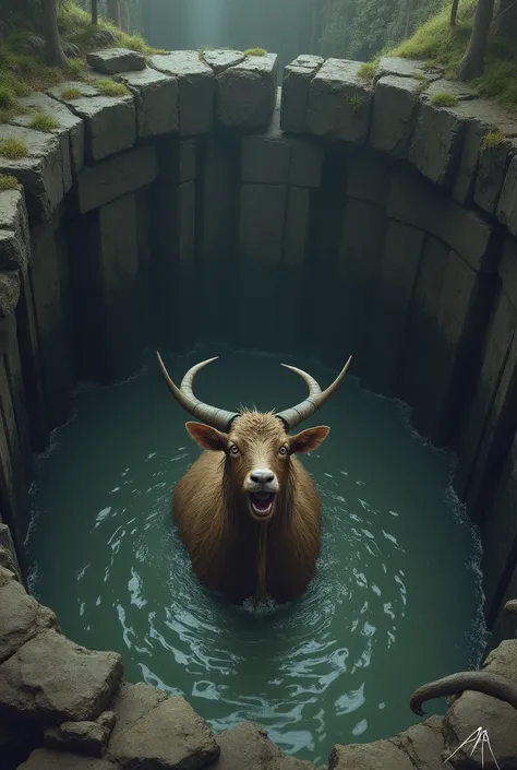 the goat and the ox are inside the well and tghe goat is crying and drowning as well as the fox