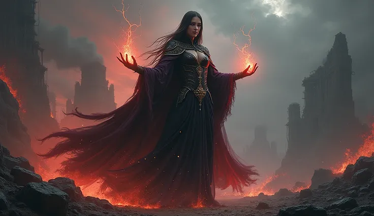 The image of a sorceress conjuring post-apocalypse dark fantasy magic