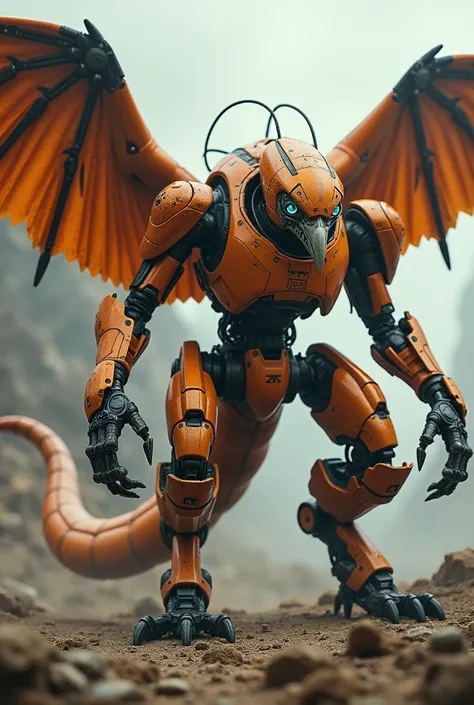 AN ORANGE ROBOT WITH VULTURE WINGS WITH SCORPION TAIL METAL WAR MOVIE SCENARIO FIGHTING 