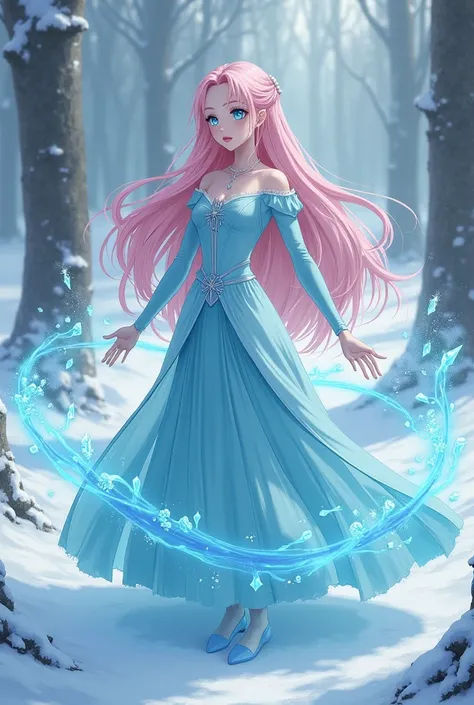 light pink-haired medieval princess with aquamarine eyes using anime ice magic