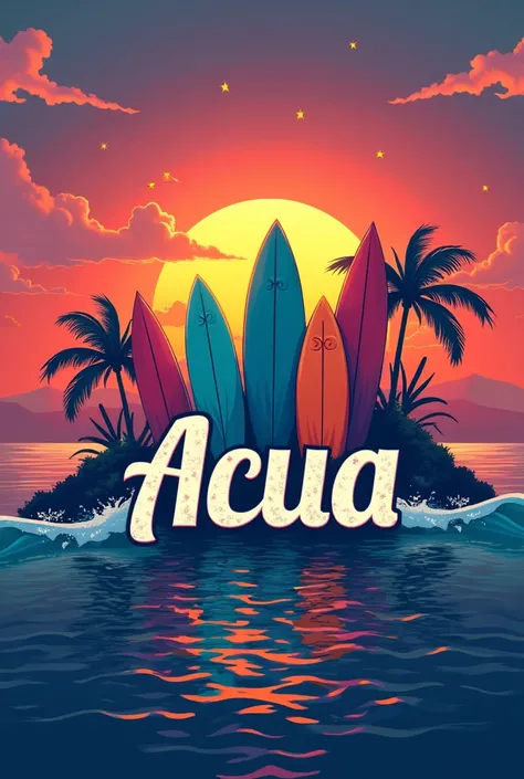  I want to create a logo for a clothing brand, You have to have surfboards , Sunset and the brand is called Acua but with cool lyrics