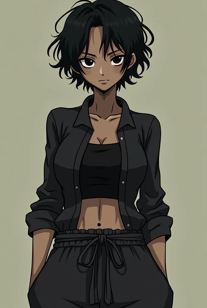 Tall woman, with black eyes and short curly hair, her skin is dark, with some scales on her cheeks, her clothing is a tight shirt, baggy pants with a ribbon holding them, in the style of the One Piece anime.  