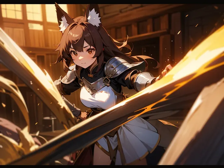 Foxgirl in a tavern with a spilled drink, dark brown hair, brown eyes, fox ears, silver heave knight armor, pet fox, masterpiece, high quality