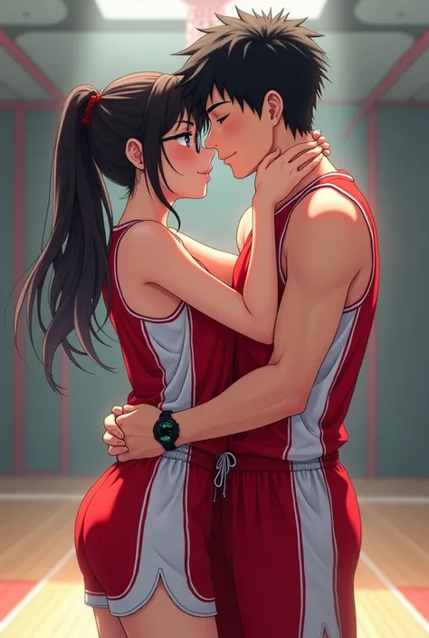  full body image, Anime images, Oral sexual intercourse, In the gym, คู่นักชายหญิงTwo people,The handsome, 17-year-old Chinese teenager, wearing glasses, wore a basketball sports shirt, a red oily fabric with a white stripe, and wore basketball sports shor...