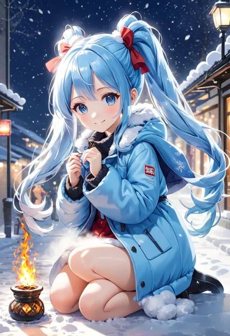 (( best quality)),( super A high resolution ),(Ultra-detailed),(Detailed depiction),(( best anime)),( Best Artwork ),Ultra-detailed art, the art of amazing depiction, The little match girl、 light blue long hair、 girl with twin tails 、smile、In the midst of ...