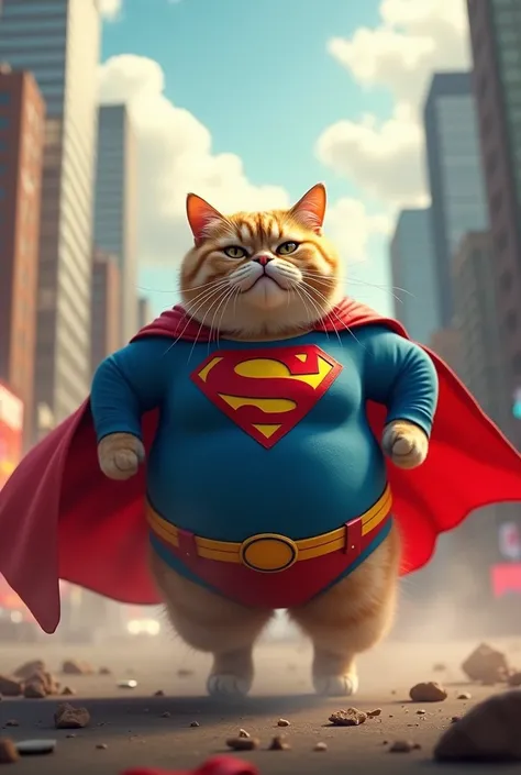 Fat Cat, dressed as superman, in an action scene, funny