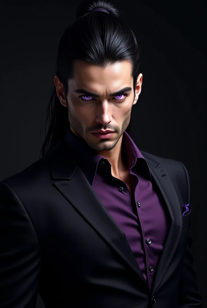  Handsome and attractive man smoking , Serious guy with no feelings , Tied hair or bun , purple eyes,  black suit with purple dress shirt and black wall background
