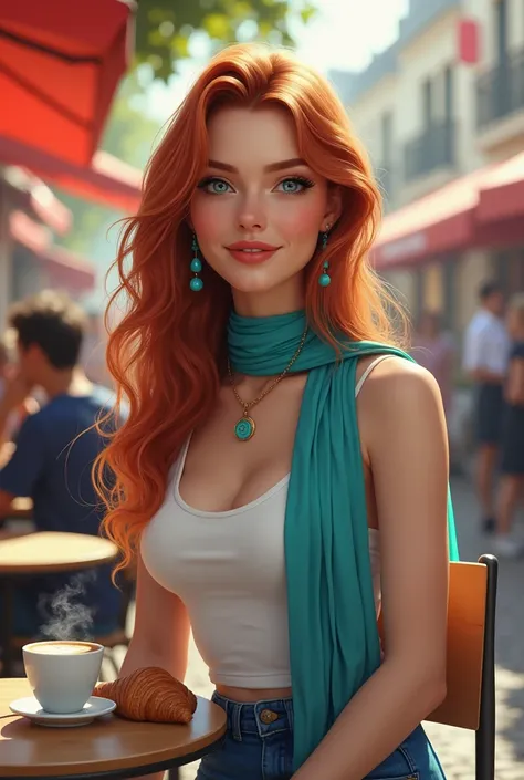  The model is in a cafe , outdoors, full of people,  she is dressed in a white top ,  turquoise scarf as well as her earrings and necklace and she is wearing jeans ,  and the shot is of her with a realistic image ,  sitting in her chair smiling at the came...