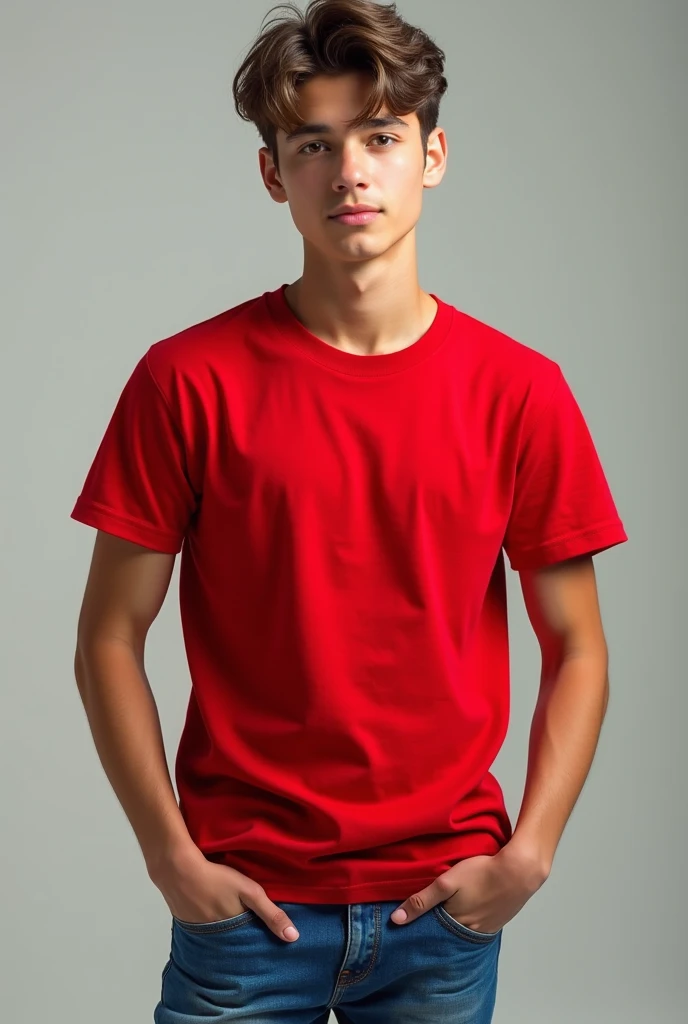 a teenage boy ,  about  wearing a red t-shirt and blue jeans,  short hair , elegant cut