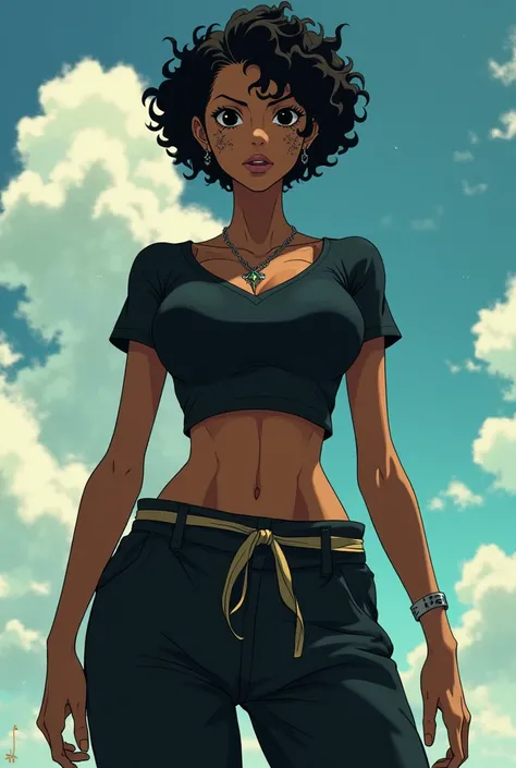 Tall woman, with black eyes and short curly hair, her skin is dark, with some scales on her cheeks, her clothing is a tight t-shirt, baggy pants with a ribbon holding them up, she is not thin, in the style of the anime One Piece.