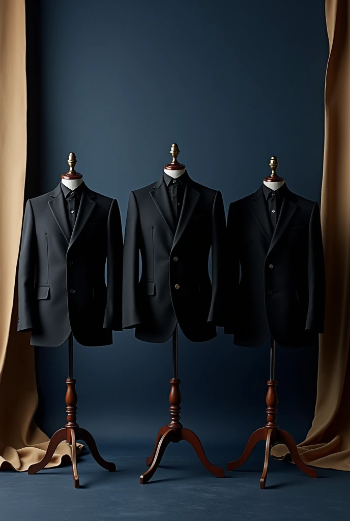 Create brand photo of tailoring clothing in black jackets with navy blue and gold backgrounds without a model