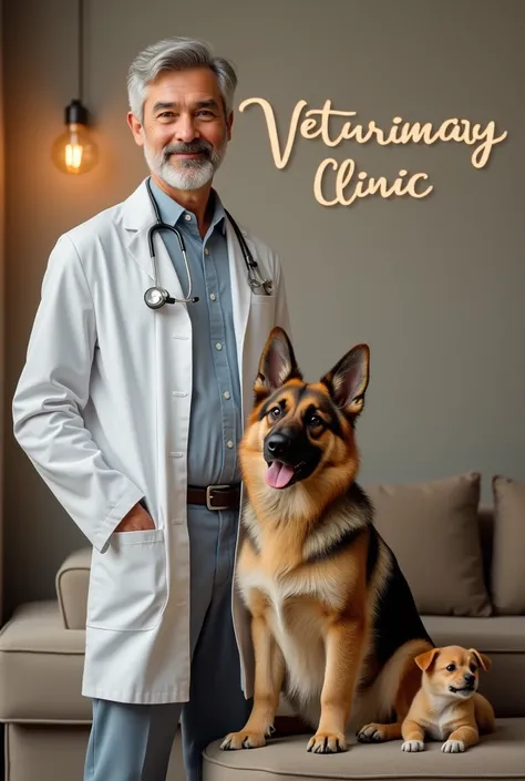 Generate an advertisement for a veterinarian , that says at the top “VETERINARY CLINIC” in cursive letter ,   the image must have an adult German shepherd pet and a puppy and a male doctor with gray hair