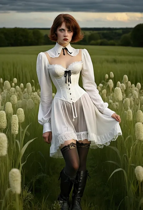 grass, captivating and terrifying, silk stockings, Inspired by August Sander, blusa blanca y botas góticas, high stockings captivating and attractive, elegante corset, corset, wearing a nightgown and boots, In a field of h